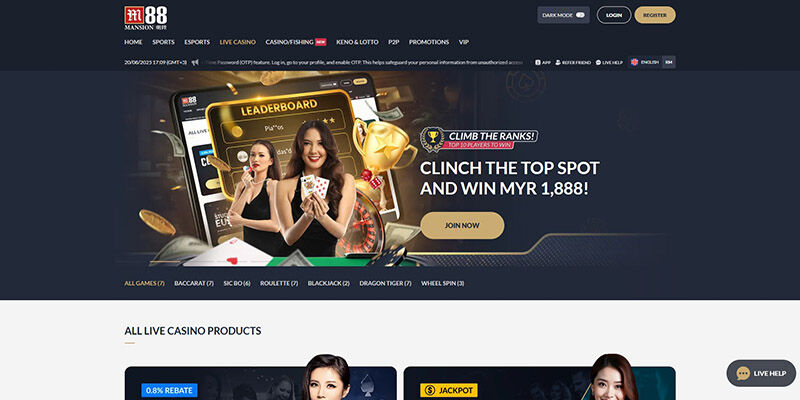 Screenshot of the M88 casino page