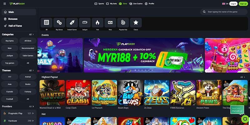 Screenshot of the Playdash casino page