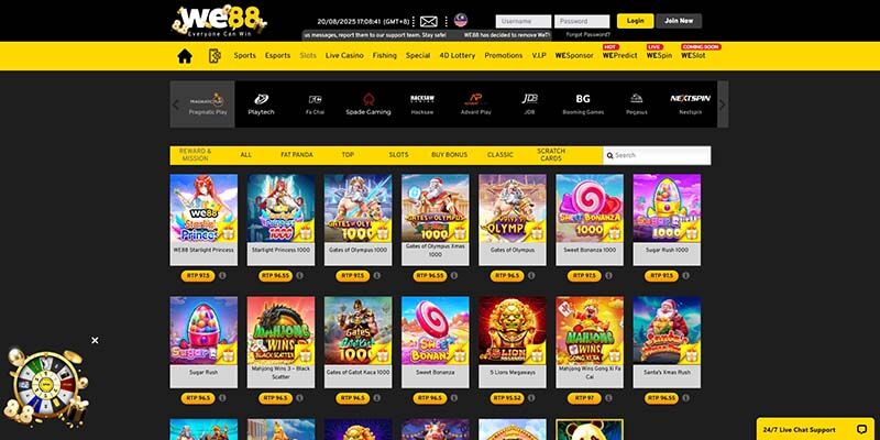 Screenshot of the WE88 casino page