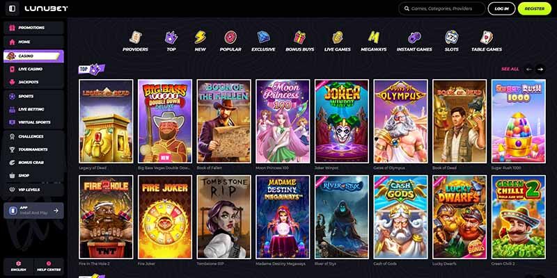 Sxcreenshot of the Lunubet casino page