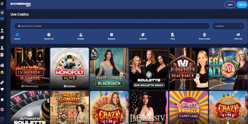 Screenshot of Boomerang live casino page