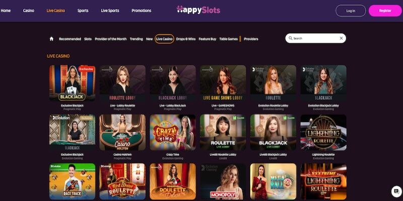 Screenshot of HappySlots ive casino page