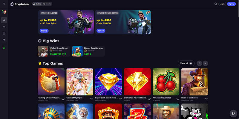 Screenshot of the CryptoLeo casino page