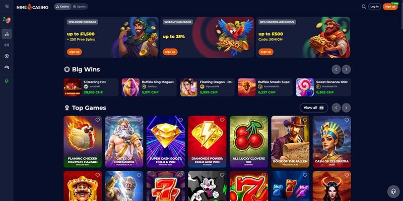 Screenshot of the NineCasino casino page