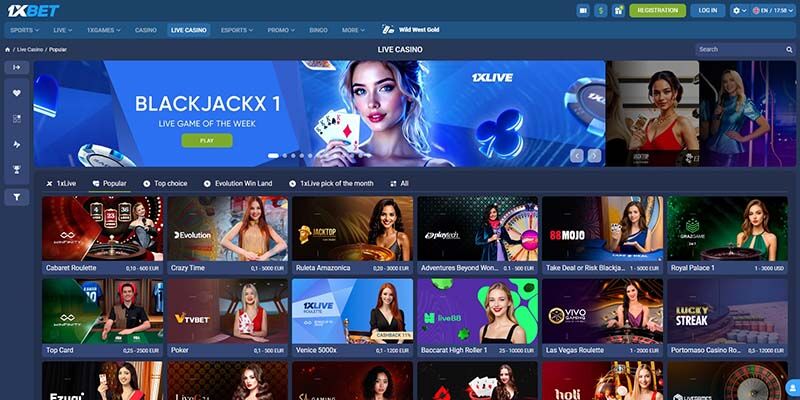 Screenshot of the 1xBet casino page