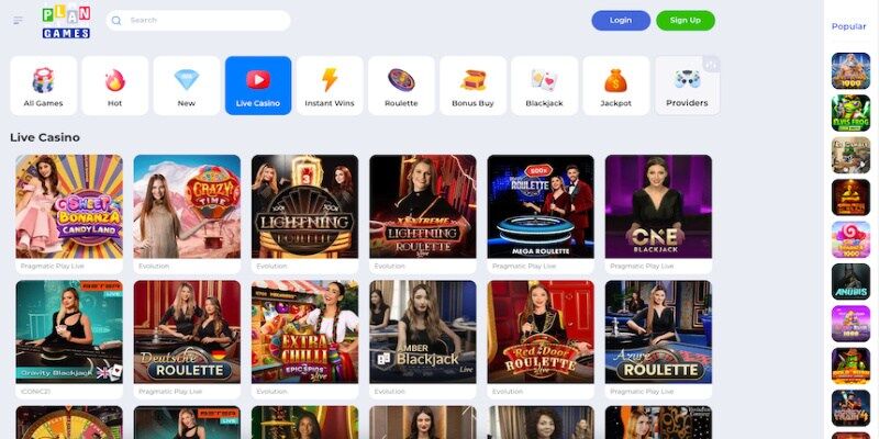Screenshot of Plangames live casino page