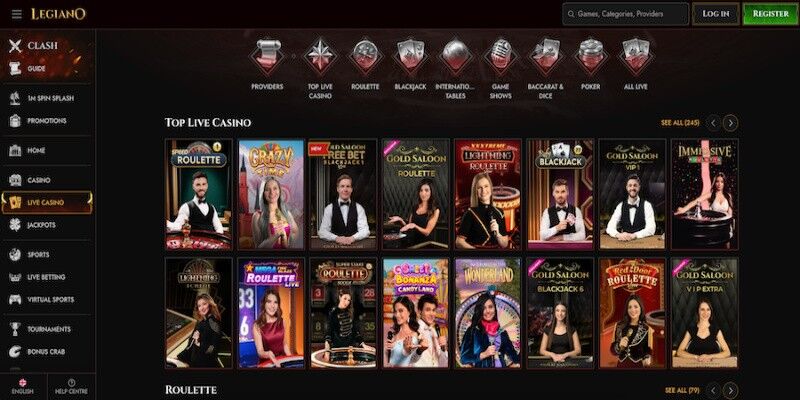 Screenshot of Legiano live casino page 