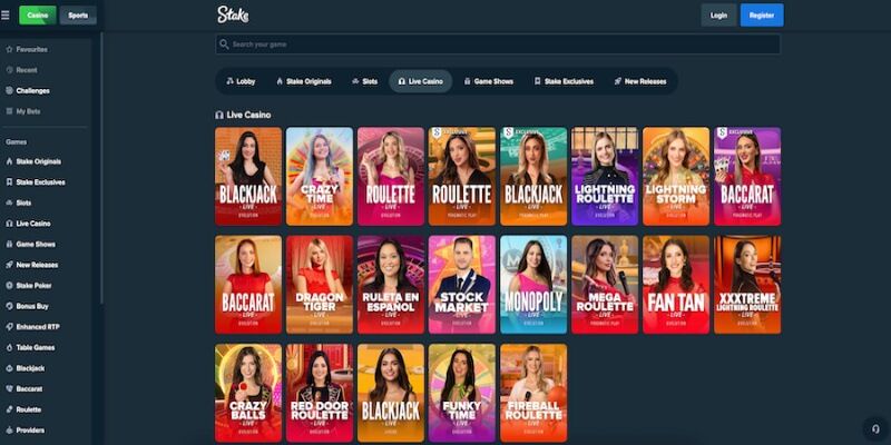 Screenshot of Stake live  casino page 