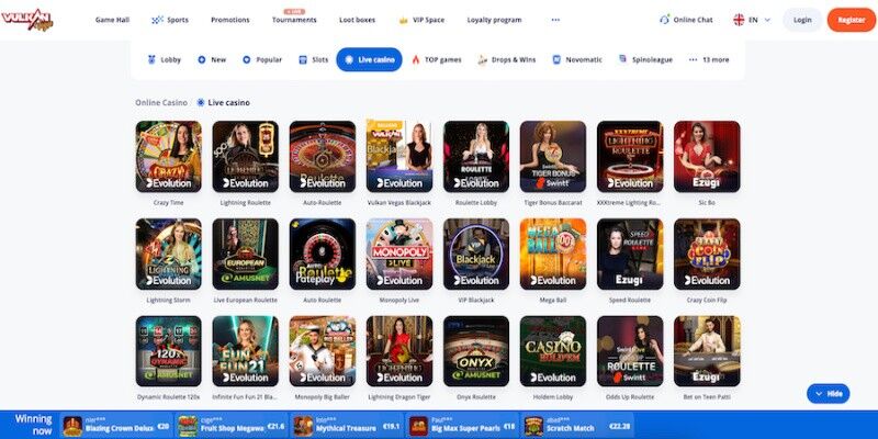 Screenshot of VulcanVegas live casino page 