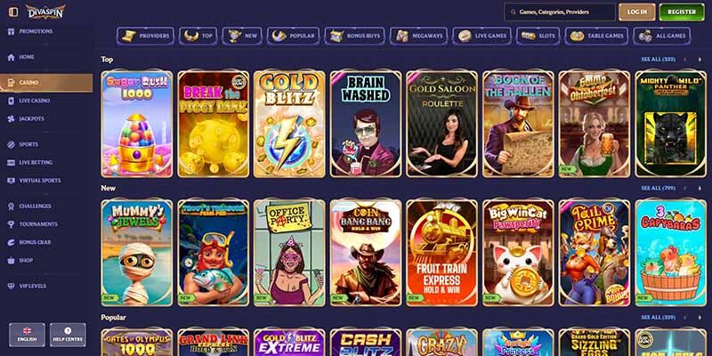 Screenshot of the DivaSpin casino page