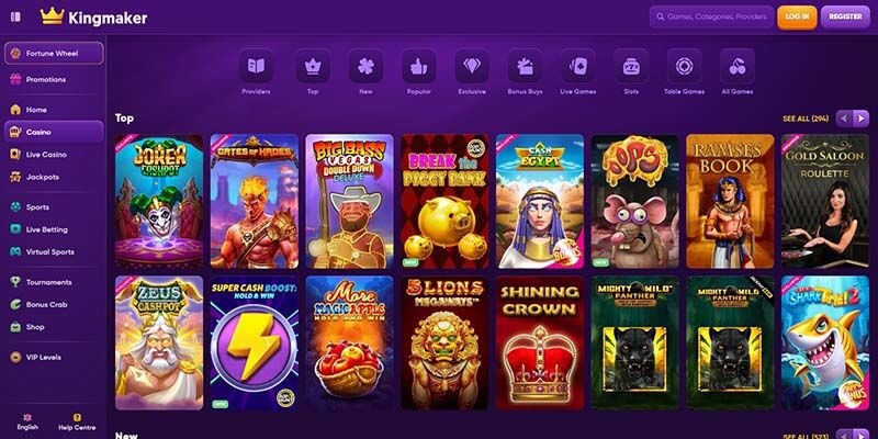 Screenshot of the Kingmaker casino page