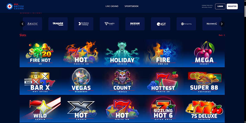 Screenshot of the All british casio casino page