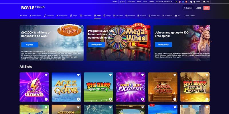 Screenshot of the BOYLE Sports casino page