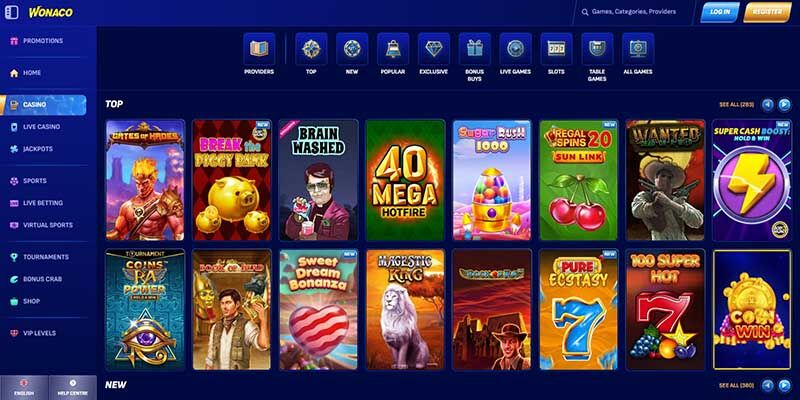 Screenshot of the Wonaco casino page