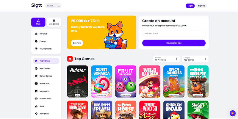 Screenshot of the Slott casino page