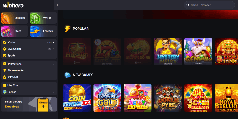 Winhero Casino desktop screenshot
