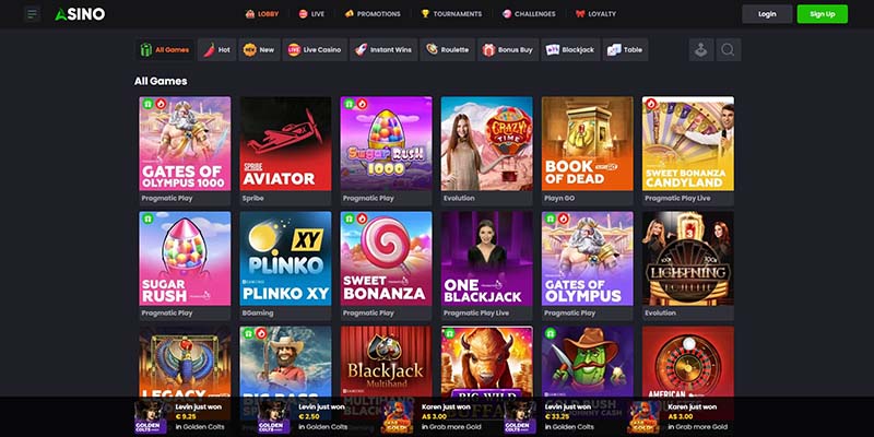 Screnshoot of the Asino casino page