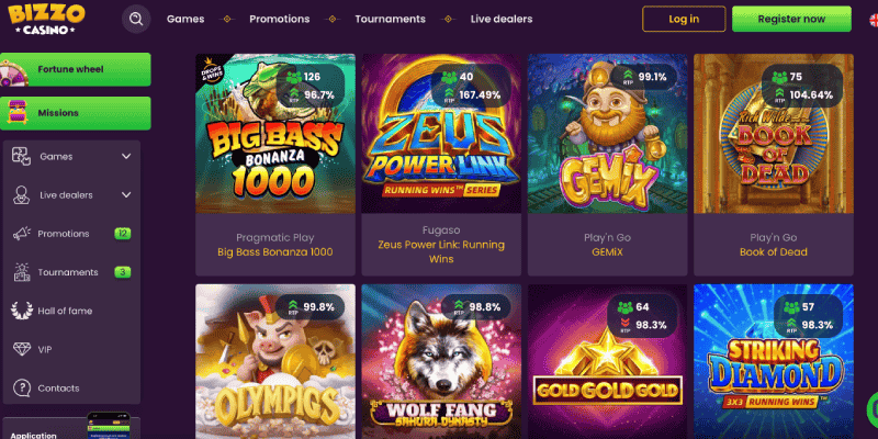 Screenshot of the Bizzo casino page