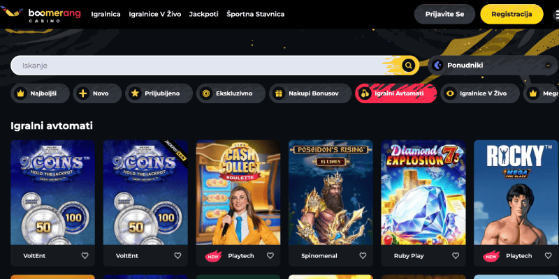 Screenshot of the Boomerang casino page