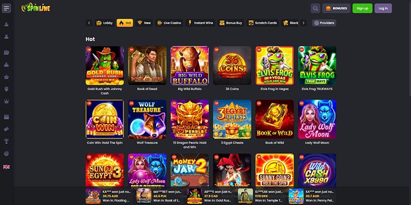Screenshot of the Spinline casino page