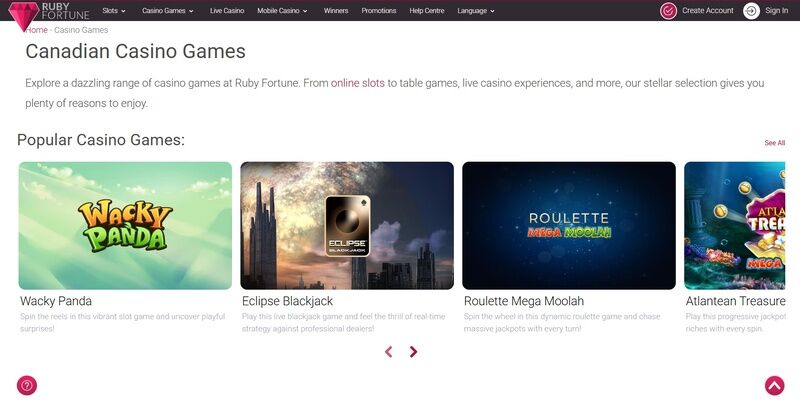 Screenshot of casino at Ruby Fortune