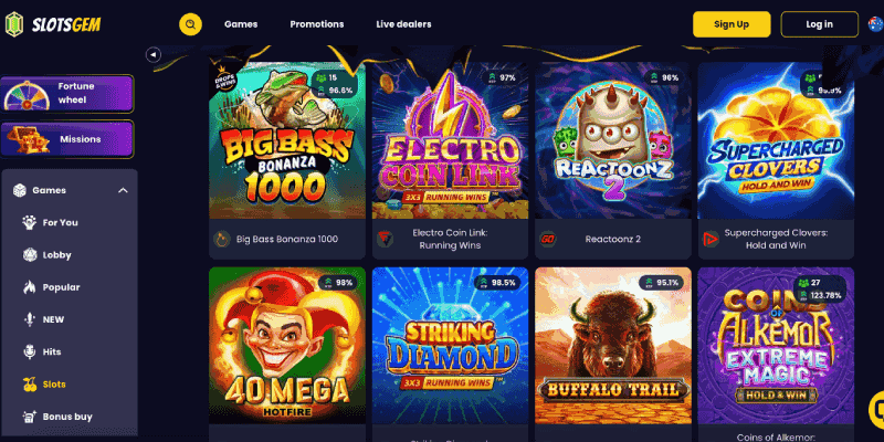 Screenshot of the Slotsgem Casino page