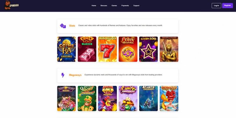 Screenshot of the Spinbara Casino page