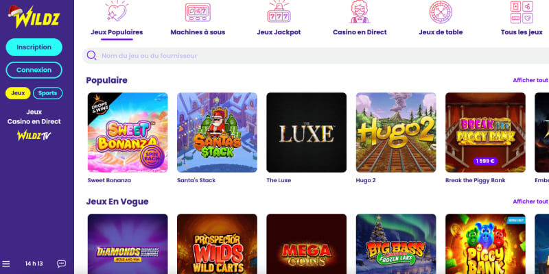 Screenshot of the Wildz Casino page