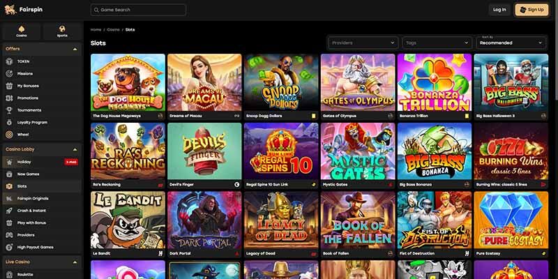 Screenshot of the Fairspin casino page