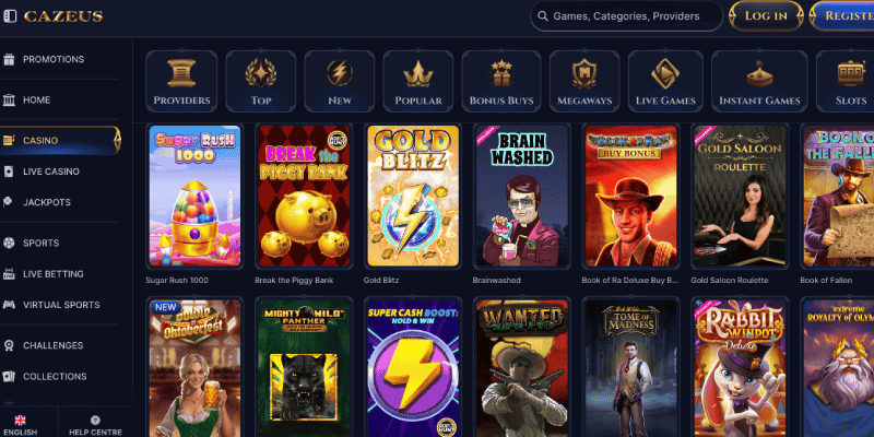 Screenshot of the Cazeus casino page