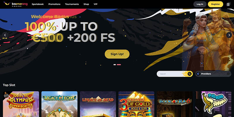 Screenshot of the Boomerang casino page