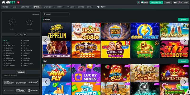 Screenshot of the Planbet casino page