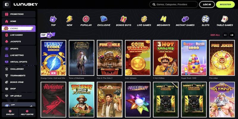 Screenshot of the Lunubet casino page