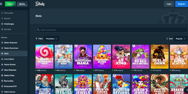 Screenshot of the Stake casino page
