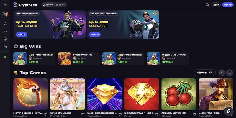 Screenshot of the CryptoLeo Casino casino page
