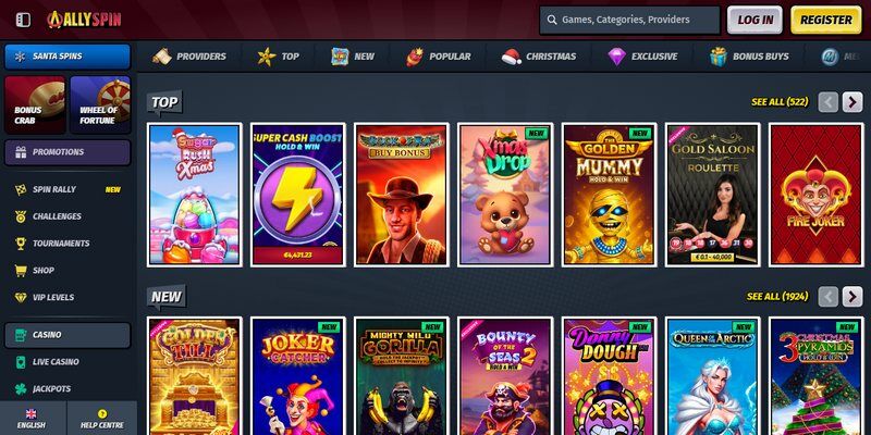 Screenshot of the AllySpin casino page