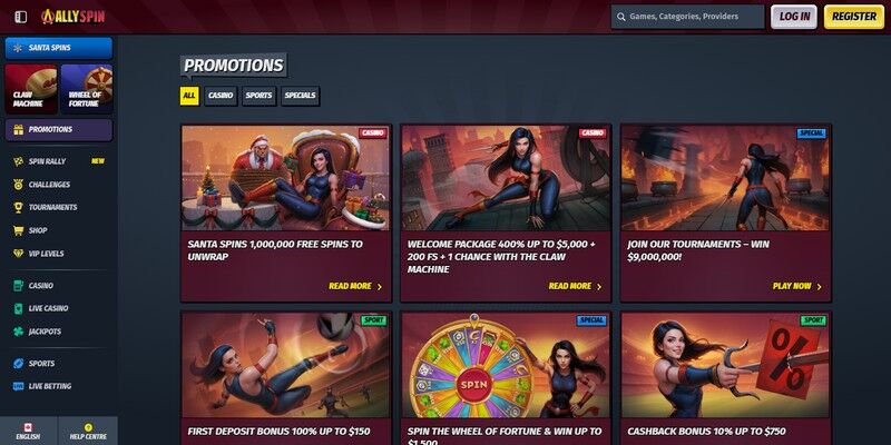 Screenshot of the Allyspin Casino bonus page