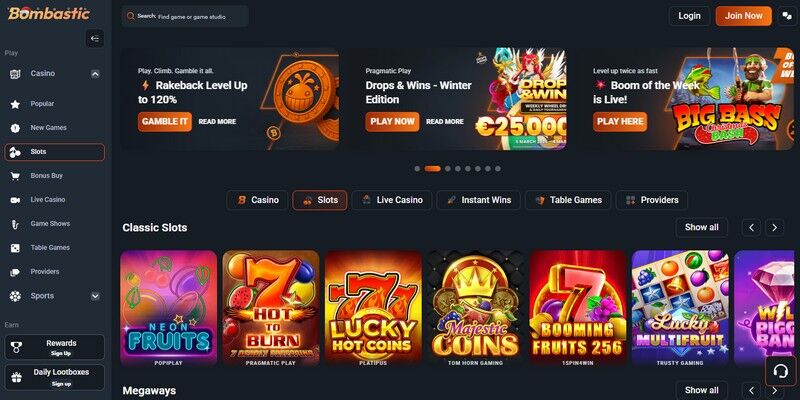 Screenshot of the Bombastic casino page