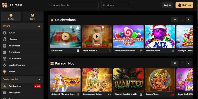 Screenshot of the Fairspin casino page