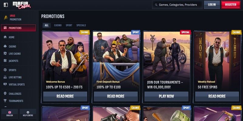 Screenshot of the Mafia Casino bonus page