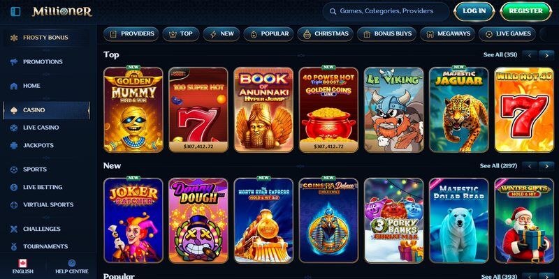 Screenshot of the Millioner casino page