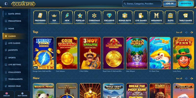 Screenshot of the Oceanspin casino page