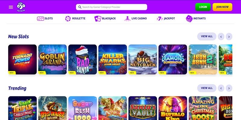 Screenshot of the PlayOjo casino page