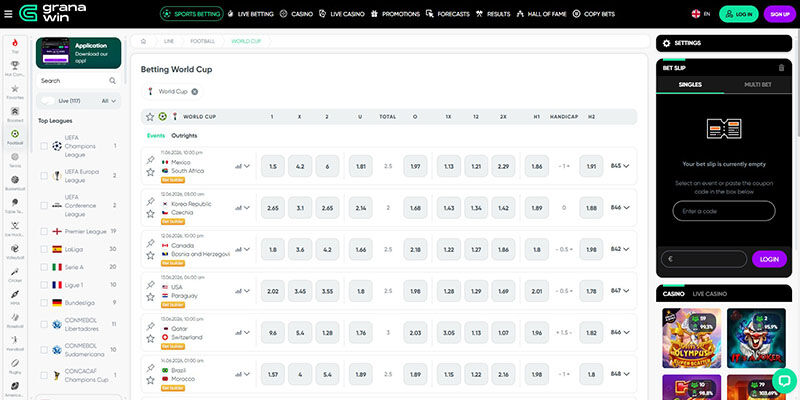 Screenshot of the Granawin World Cup page