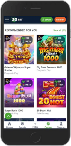 Screenshot of 20Bet live casino page