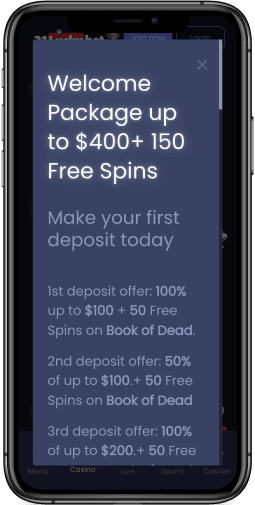 Welcome Package up to $400+ 150 Free Spins