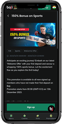 A 150% Welcome Sports First Deposit Bonus of up to 10,000 INR