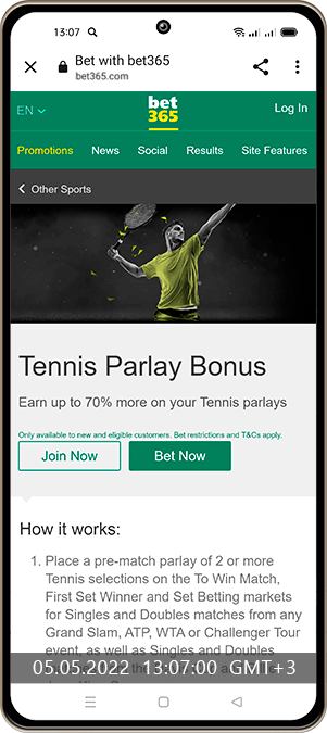 Tennis Accumulator Bonus up to 70%