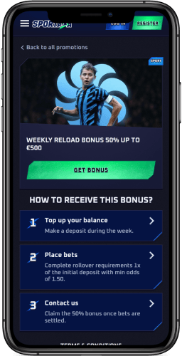 Screenshot of weekly reload bonus at Sportaza