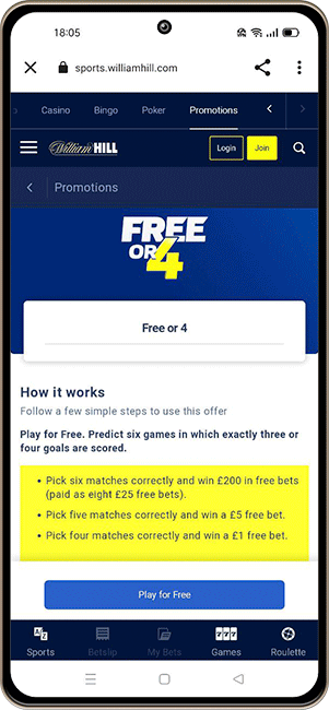 Free Bets Free or 4 Promotion